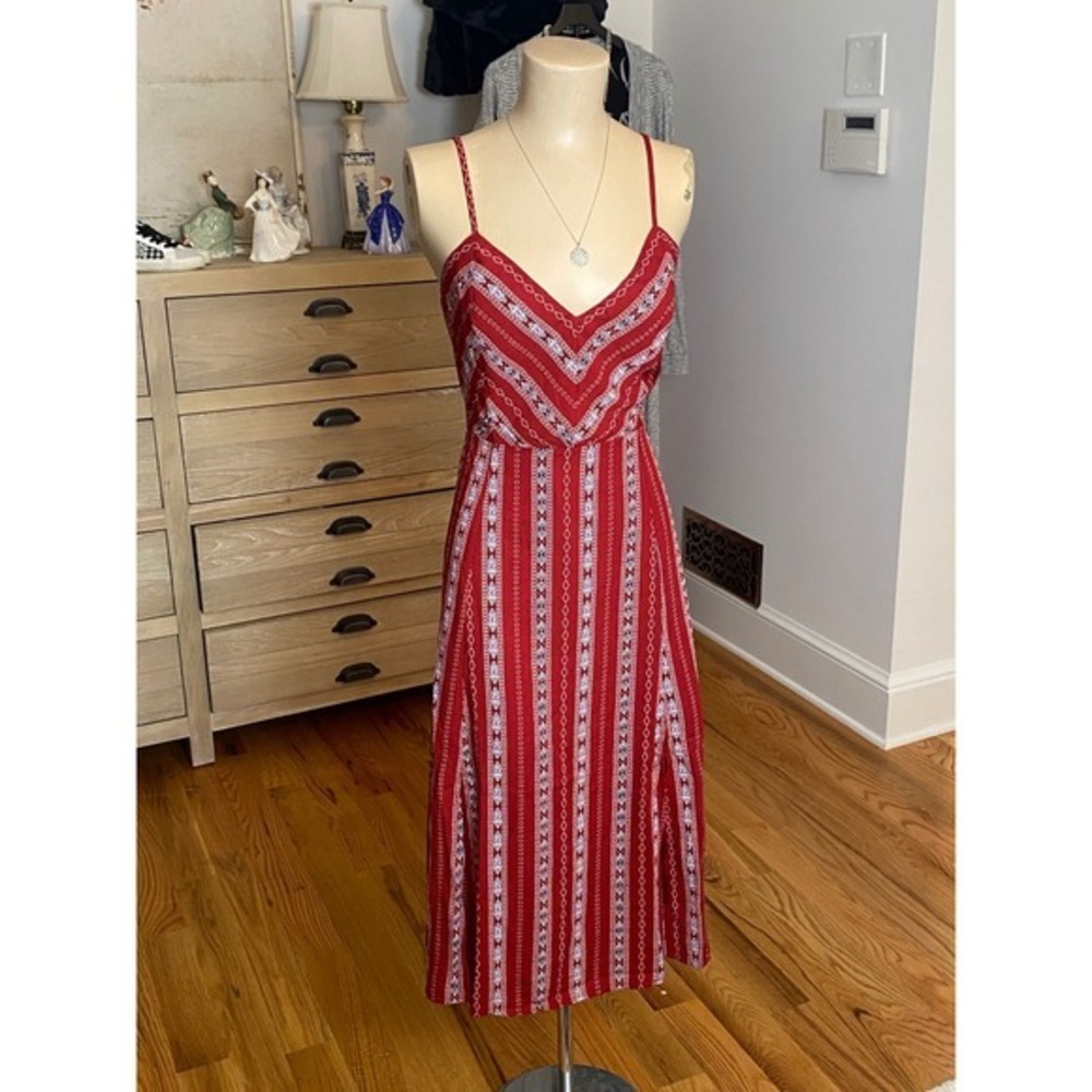 Lulus Red Geometric Print Tie Back Open Back Midi Dress Side Slit Womens Large
